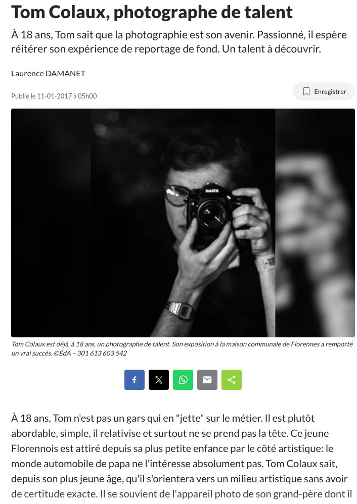 Article de l'Avenir présentant le travail photographique de Tom Colaux