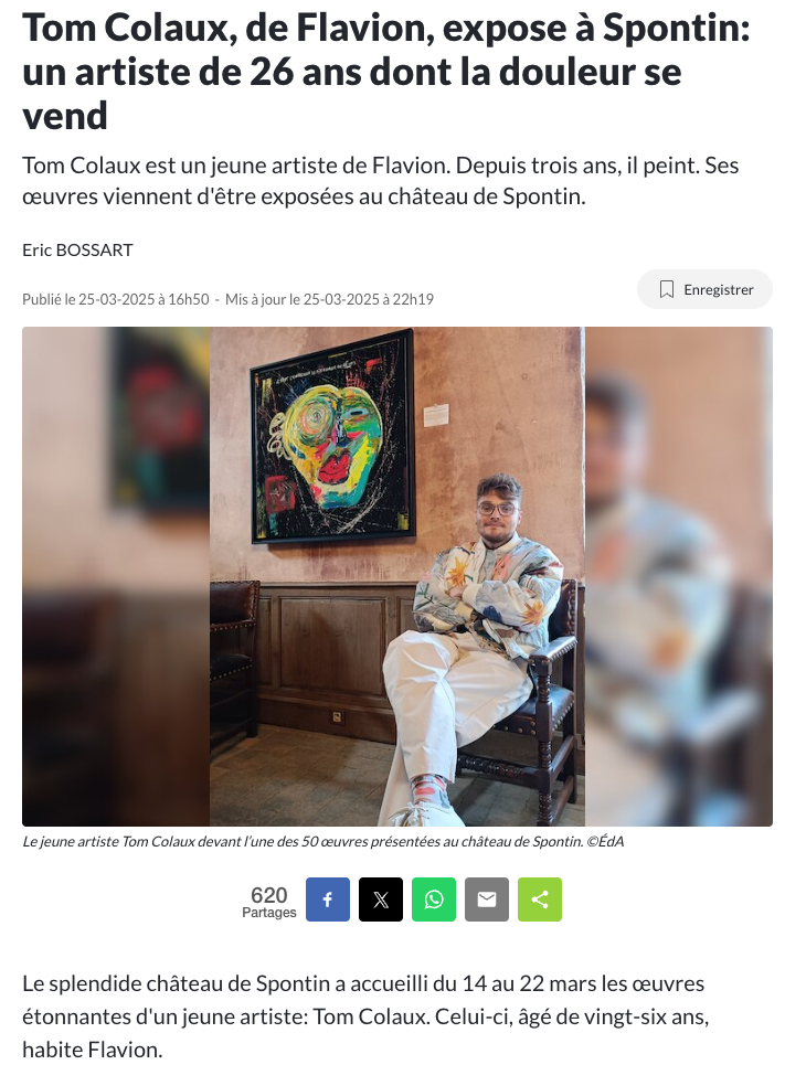 Article de L’Avenir consacré à l’exposition de Tom Colaux à Spontin